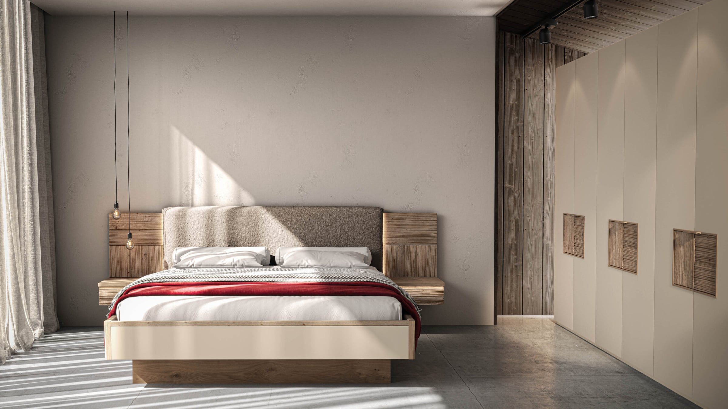 Bett mit gepolstertem Kopfteil und schwebenden Nachttischen, daneben ein heller Schrank mit Holzelementen