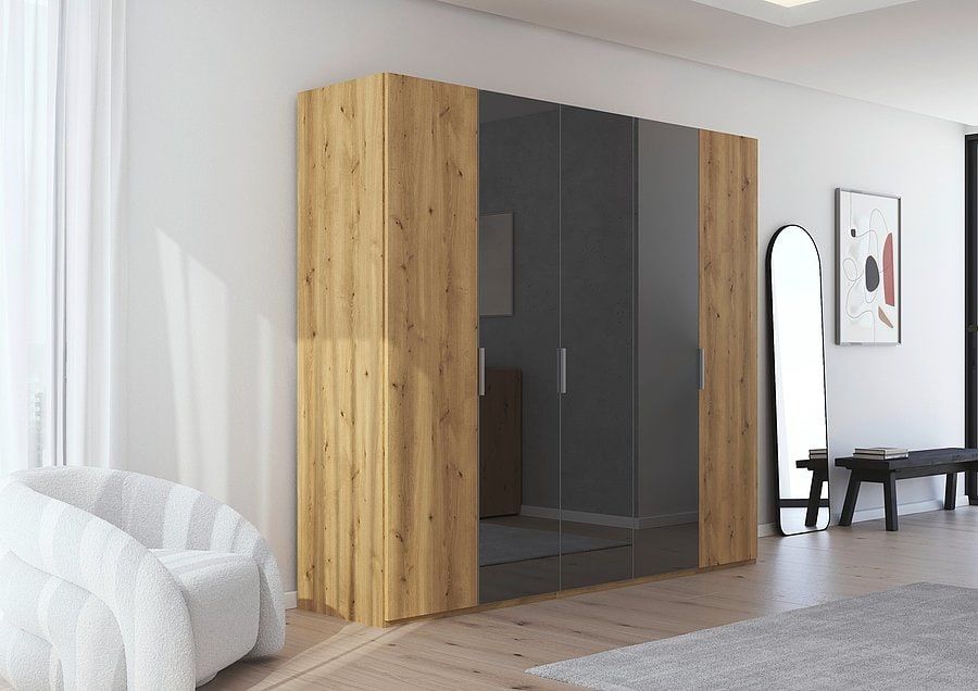 Kleiderschrank mit Seitenteilen in Eiche und Türen aus dunklem Glas